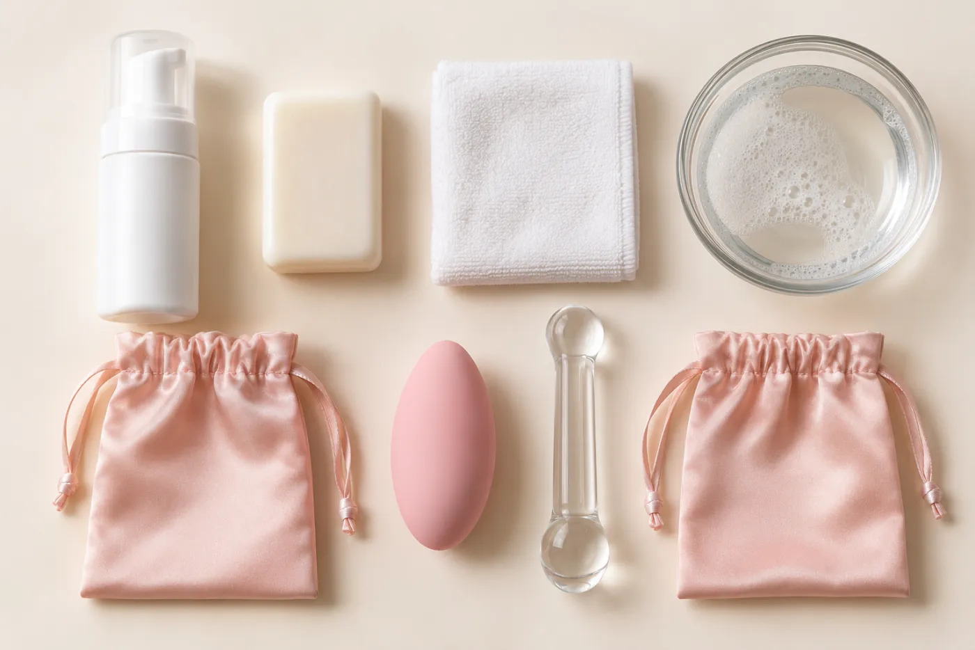 How to clean sex toys: toy cleaner, mild soap, microfiber cloth and storage pouches