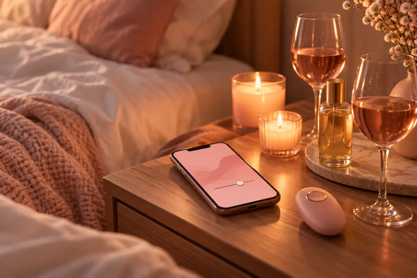 Sex toys for couples date night setup with app-controlled vibrator remote, candles and massage oil